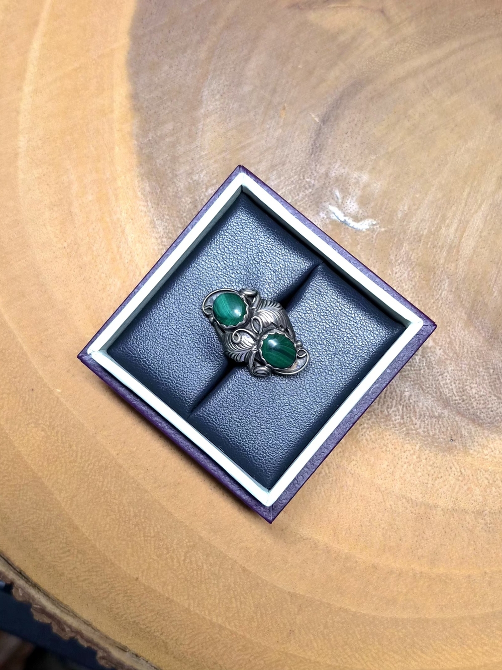 Vintage 925 Sterling Silver Dual Malachite Leaf Ring
